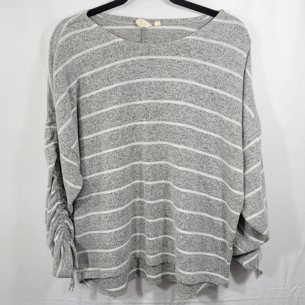 Alkamy Size M Soft White and Gray Top Sweater Blouse  tie cinch sleeves